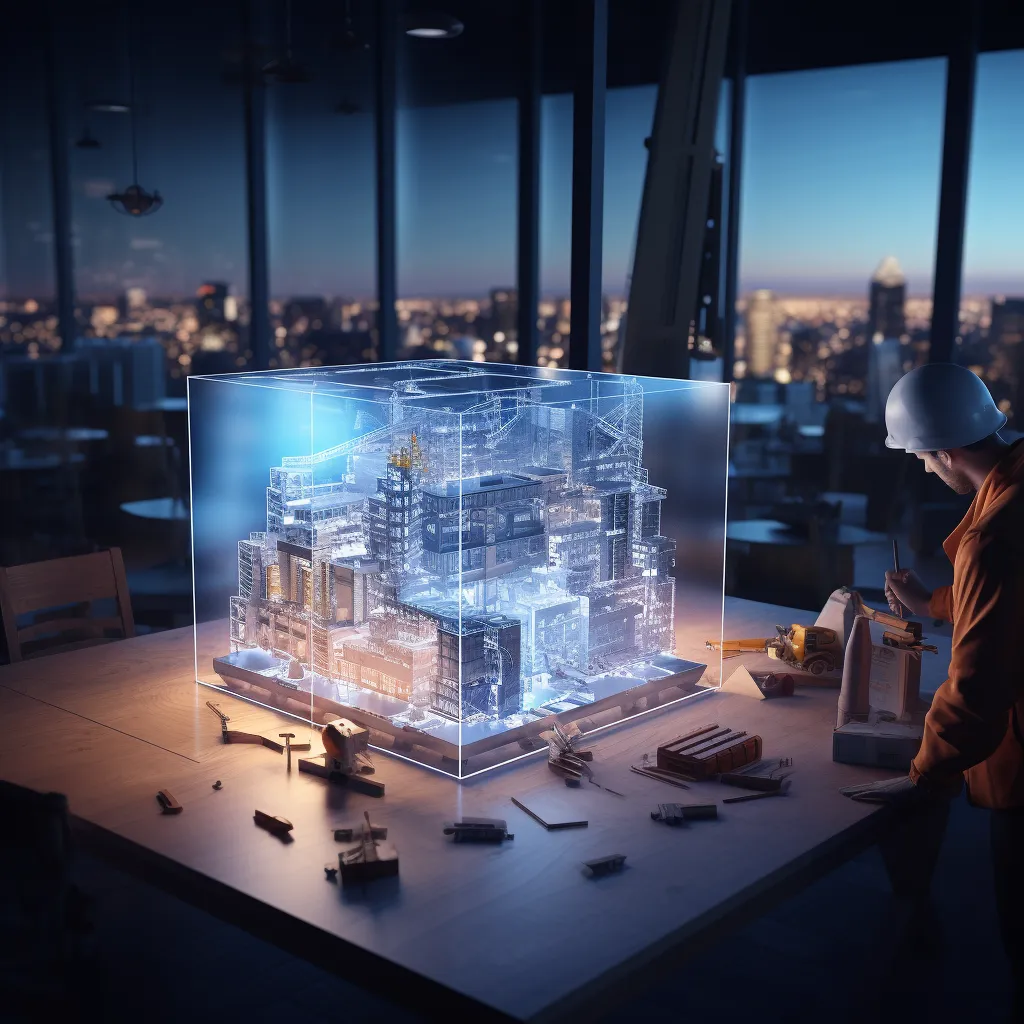An engineer reviews an AI-generated holographic city model on a desk.